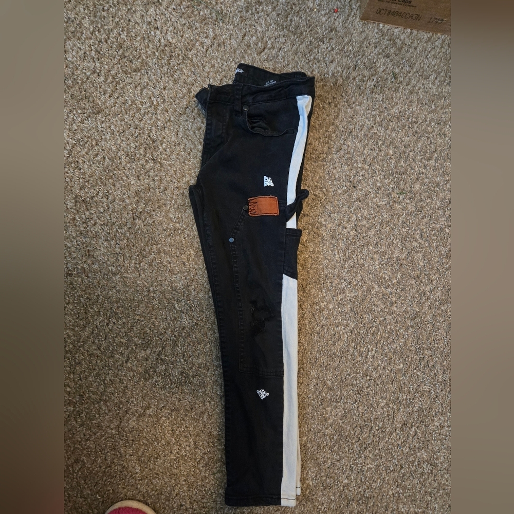 Fashion Nova, Boys 12, Black Jeans with White/Brw/Navy Patches
